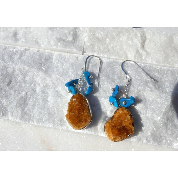 Bright Orange Citrine - Blue Arizona Turquoise Sterling Silver Earrings - Picture 3 of 9